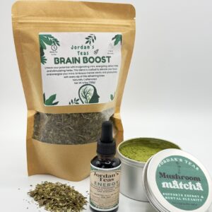 Brain Boost Tea Bundle with Brain Boost Tea, Mushroom Matcha Elixir, and Energy Tincture – natural focus support.